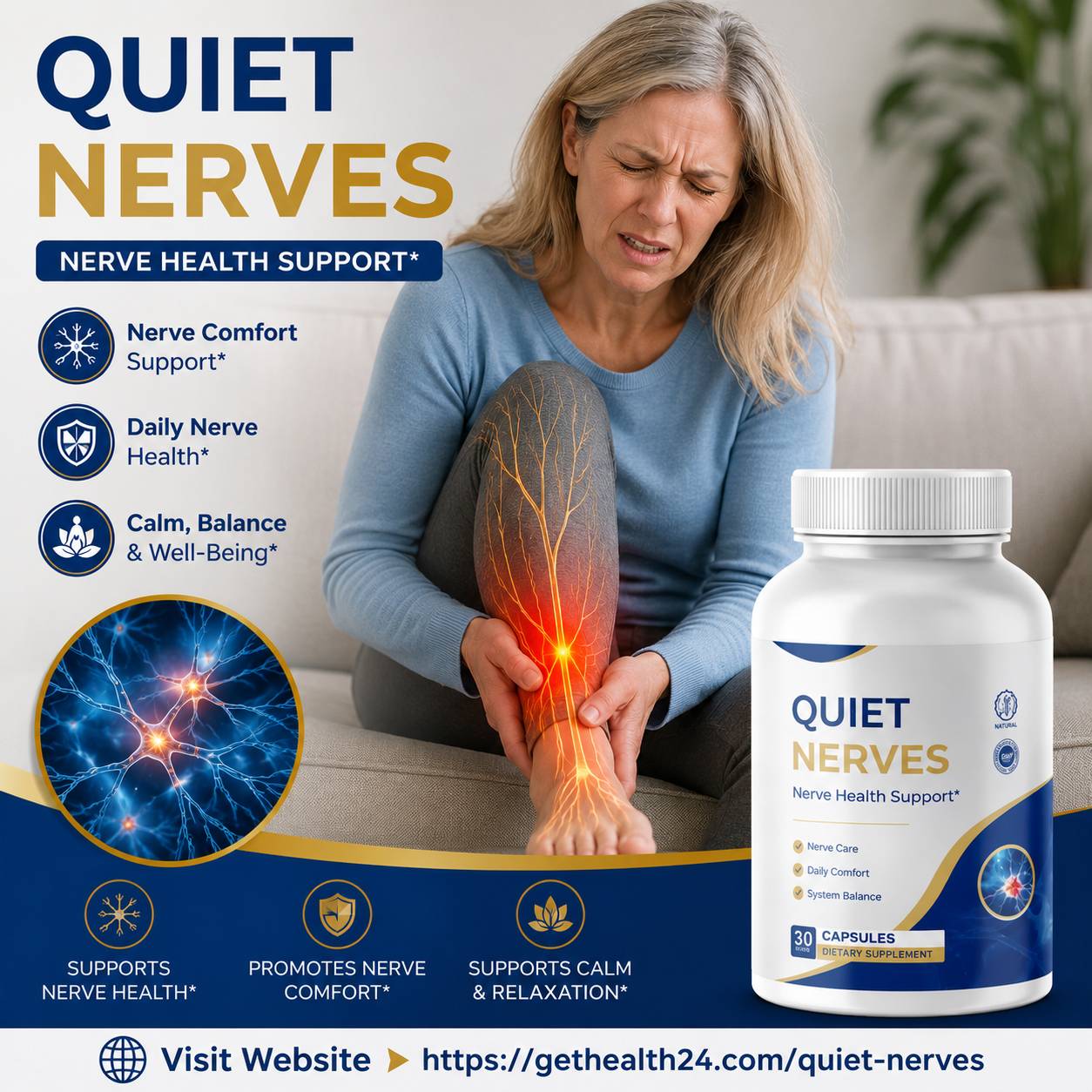 Quiet Nerves supplement advertisement with a woman holding a pain-highlighted leg and a product bottle.