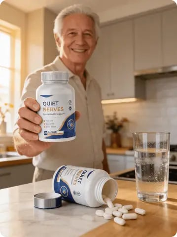 Smiling older man holds a “QUIET NERVES” supplement bottle in a kitchen beside water, capsules, and another bottle.