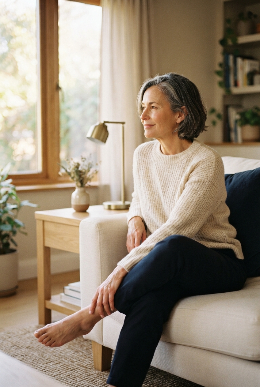 Barefoot middle-aged woman in a cream sweater sits by a sunlit window in a cozy room.