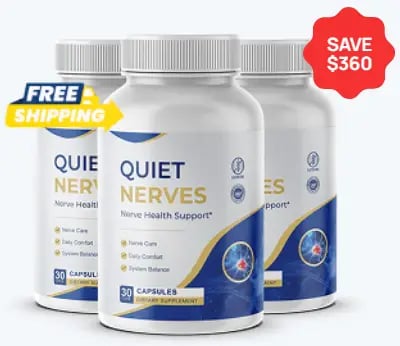 Three Quiet Nerves supplement bottles with a “FREE SHIPPING” banner and a red “SAVE $360” badge.